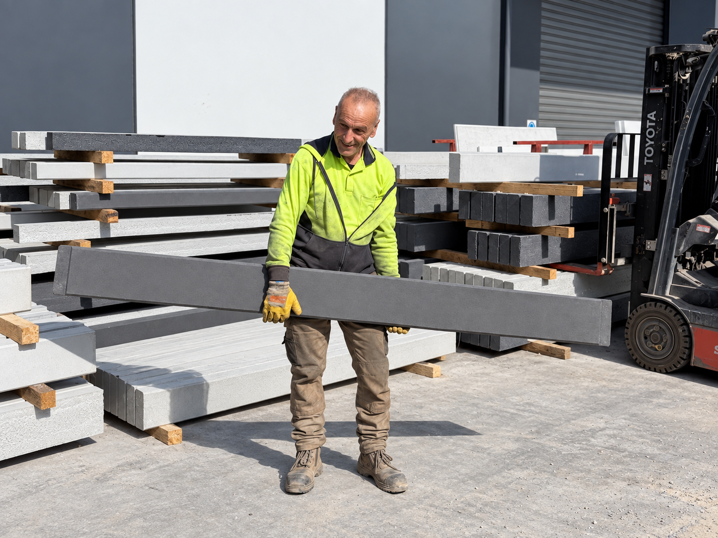 Retain The Earth team member holding an under-fence plinth at the factory