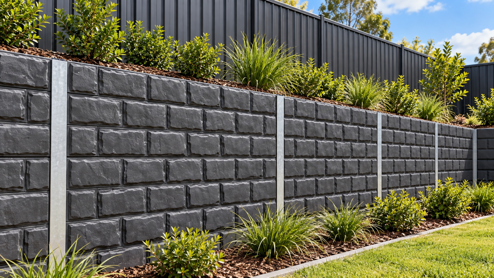 Close view of Tuscan Nero patterned concrete sleepers