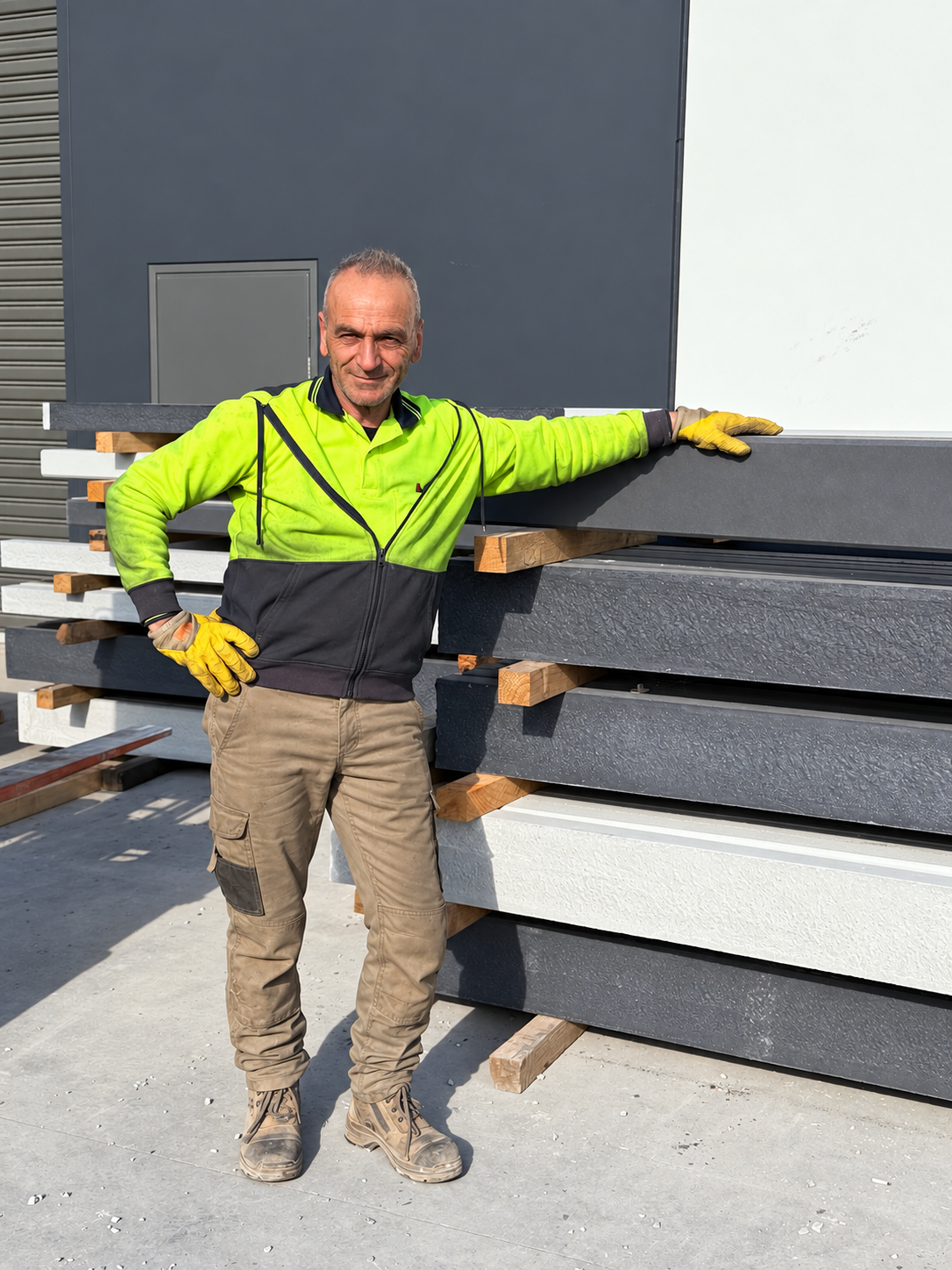 Vito Loparco beside concrete sleepers at the Edinburgh North factory