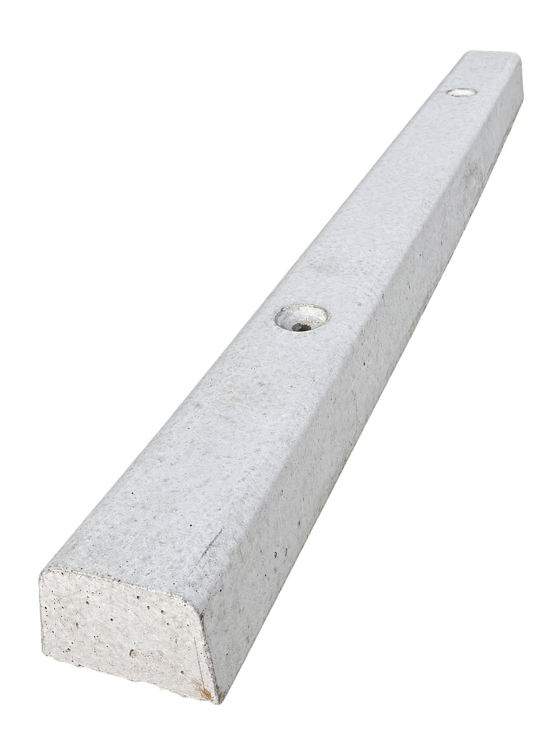 Concrete car park wheel stop showing its two recessed fixing points